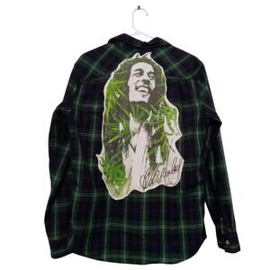 Bob Marley 420 Graphic One of A Kind Upcycled RVCA Flannel Shirt Hand Sewn SZ M
